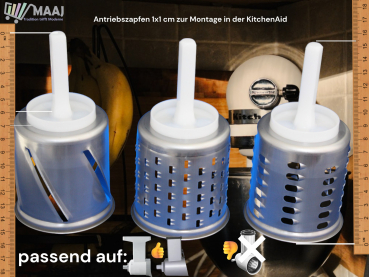 Die Trommeln mit dem langen weißen Zapfen passen ausschließlich auf den "alten" KitchenAid-Vorsatz von Messerschmidt in Deutschland hergestellt - jedoch NICHT passend auf das "neue" KitchenAid-System mit den schwarzen, kurzen Kunststoffteilen.