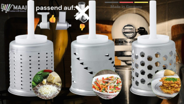 Die Trommeln mit dem langen weißen Zapfen passen ausschließlich auf den "alten" KitchenAid-Vorsatz von Messerschmidt in Deutschland hergestellt - jedoch NICHT passend auf das "neue" KitchenAid-System mit den schwarzen, kurzen Kunststoffteilen.