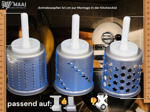 Die Trommeln mit dem langen weißen Zapfen passen ausschließlich auf den "alten" KitchenAid-Vorsatz von Messerschmidt in Deutschland hergestellt - jedoch NICHT passend auf das "neue" KitchenAid-System mit den schwarzen, kurzen Kunststoffteilen.