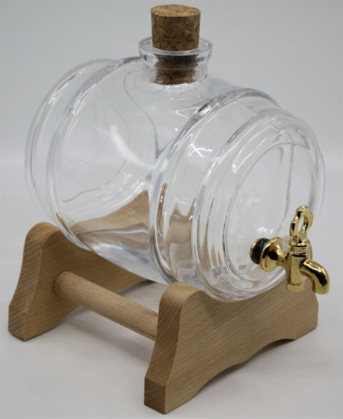 Hochwertiger Getränkespender Weinfass aus Glas mit Schriftzug und Zapfhahn 